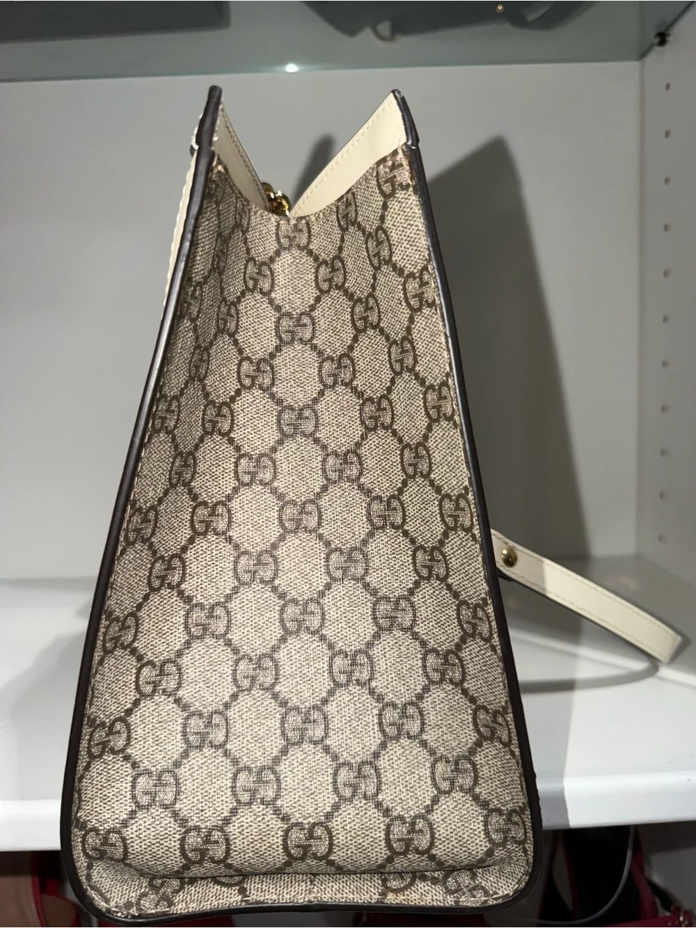 Gucci Beige GG Supreme Tote with White Trim and Gold Hardware